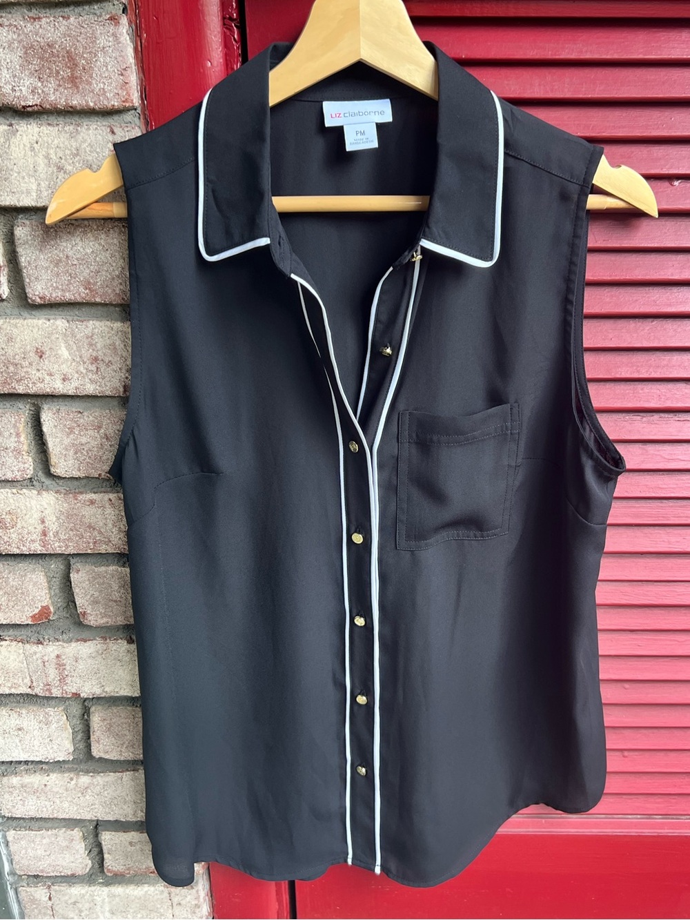 Liz Claiborne Black Button Down Collared Blouse Tank Top Size PM